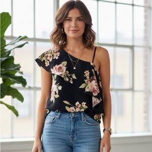 New Mode Asymmetric Ruffle Trim Sleeveless Floral Blouse Size S